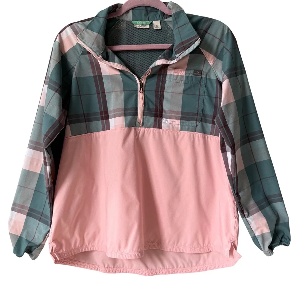 L.L.Bean Plaid Colorblock Quarter‎ Zip Pullover Jacket •M Petite • Pink & Green